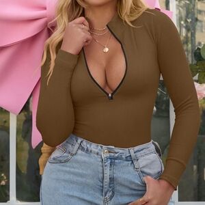 OQQ Brown Ribbed Long Sleeve Zip Up Bodysuit Mock Neck Size M